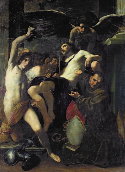 Le Christ adoré par les anges, Saint Sébastien et Saint Bonaventure - Carlo Bononi